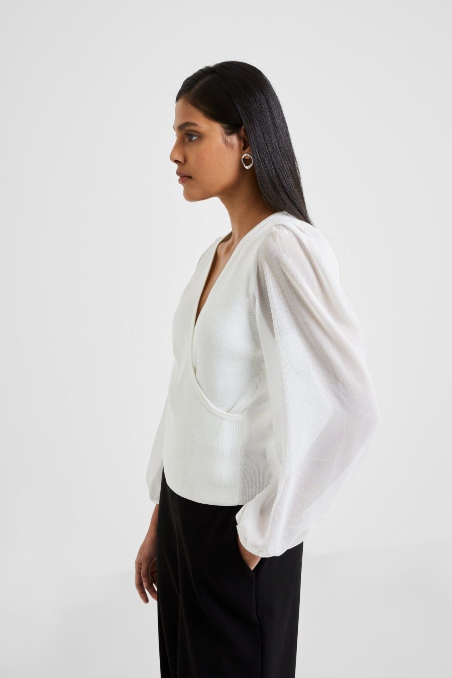 Women French Connection Shirts & Blouses | Mozart Melody Mix Long Sleeve Jumper Winter White