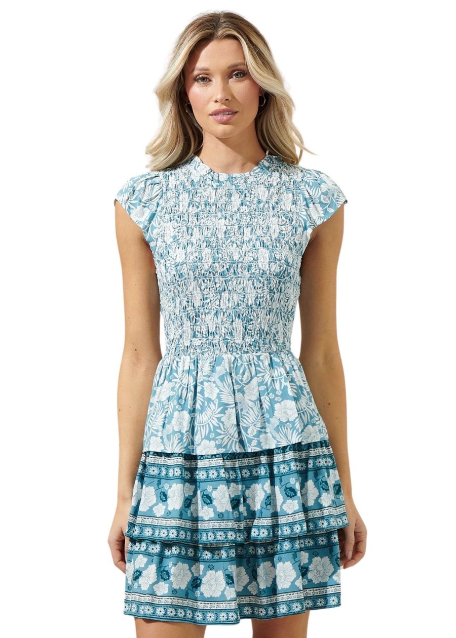 Women Anna Rae Mini | Willa Smocked Dress Teal White