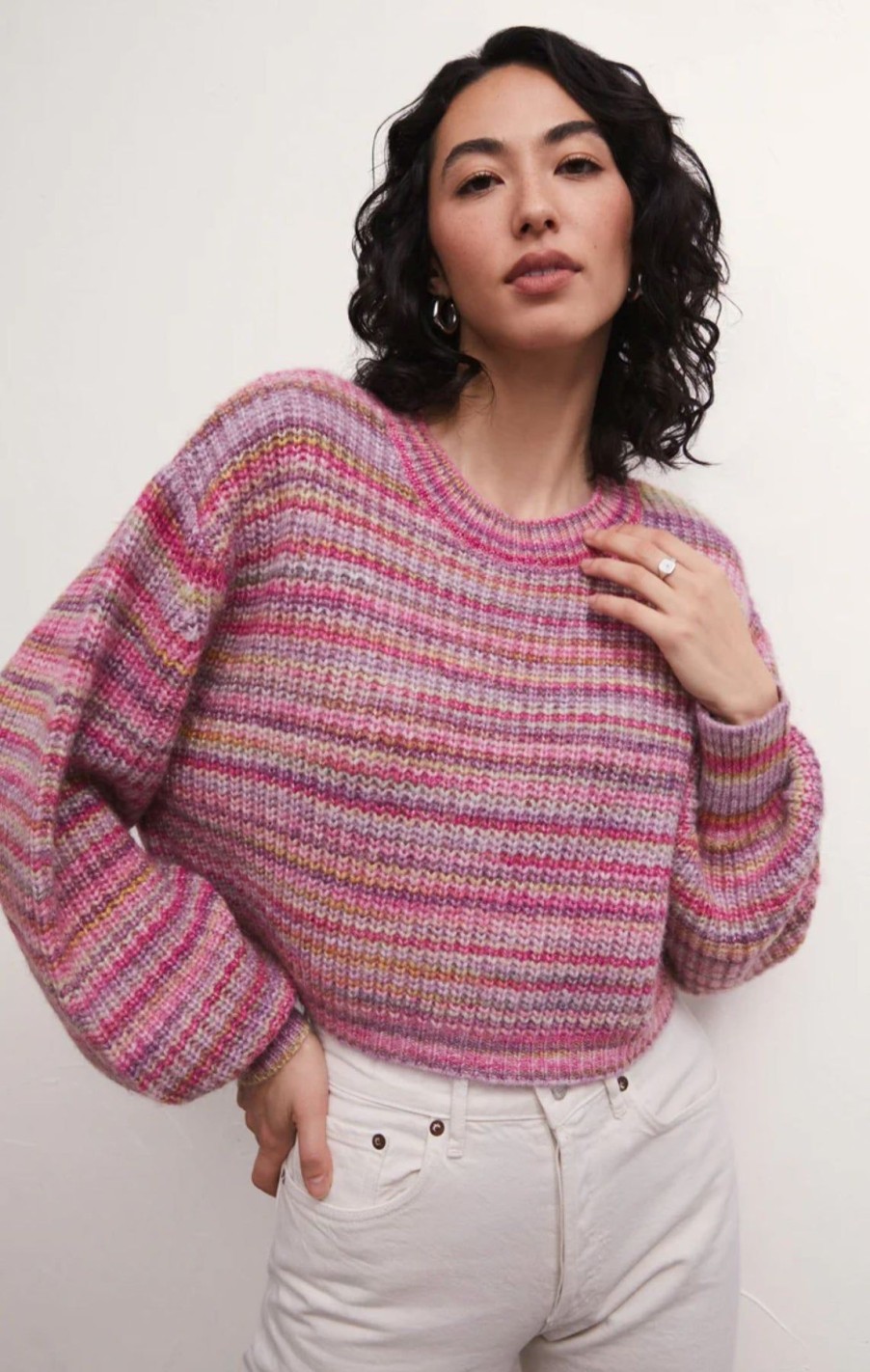 Women Z Supply Sweaters | Prism Metallic Stripe Sweater Magenta Punch