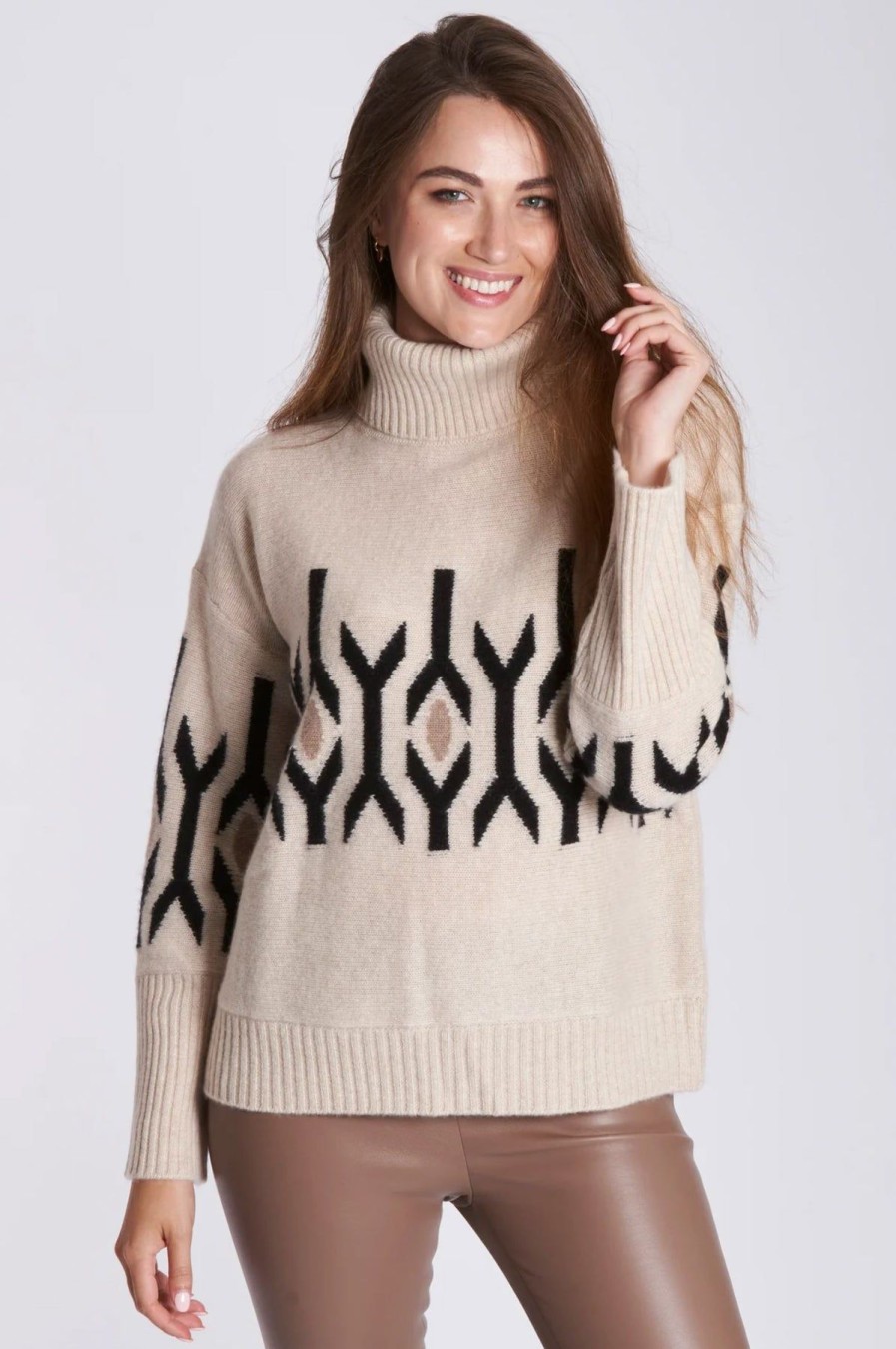 Women Estheme Cashmere Sweaters | Jacquard Turtle Sweater Oat/Black