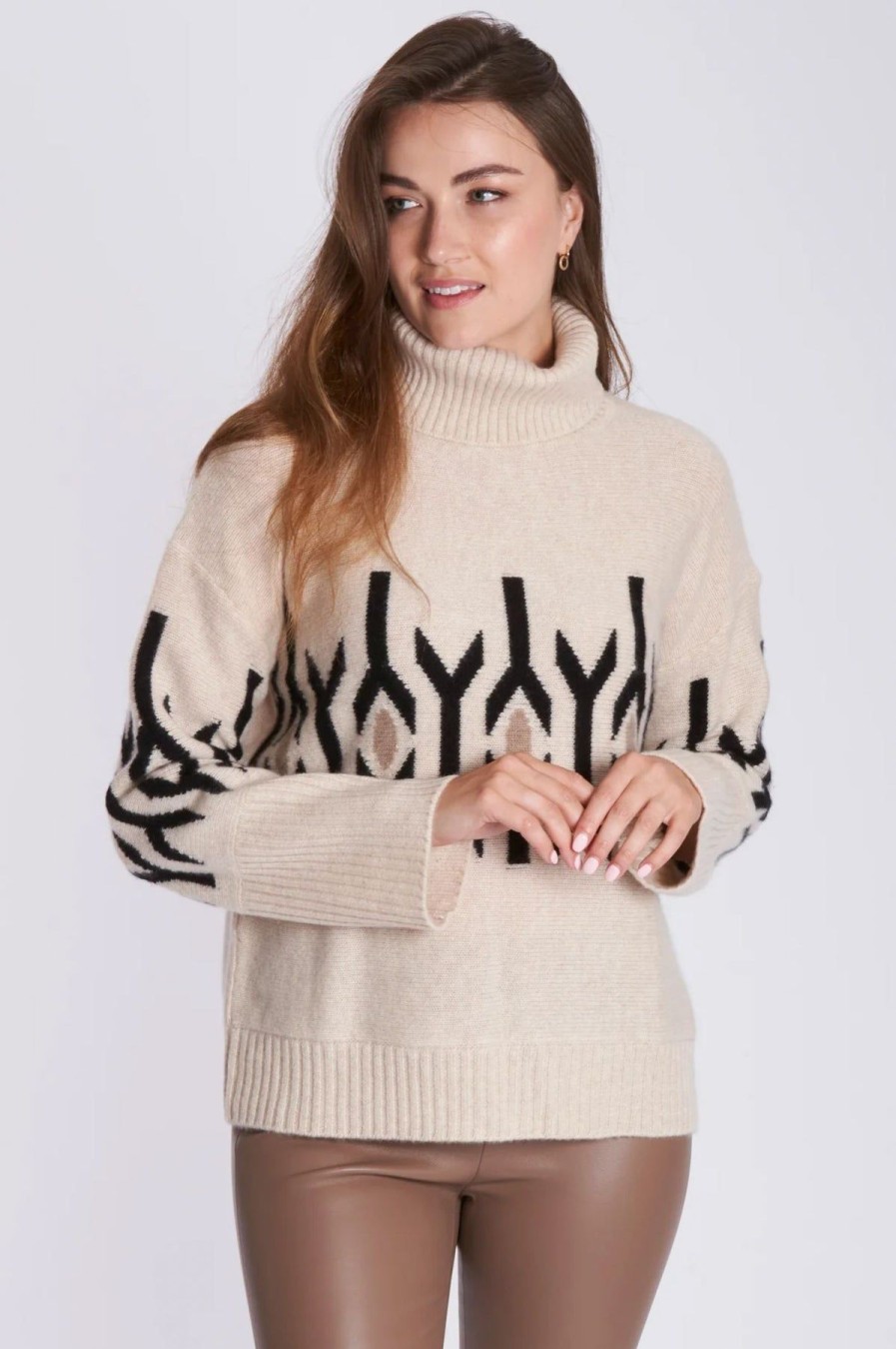 Women Estheme Cashmere Sweaters | Jacquard Turtle Sweater Oat/Black