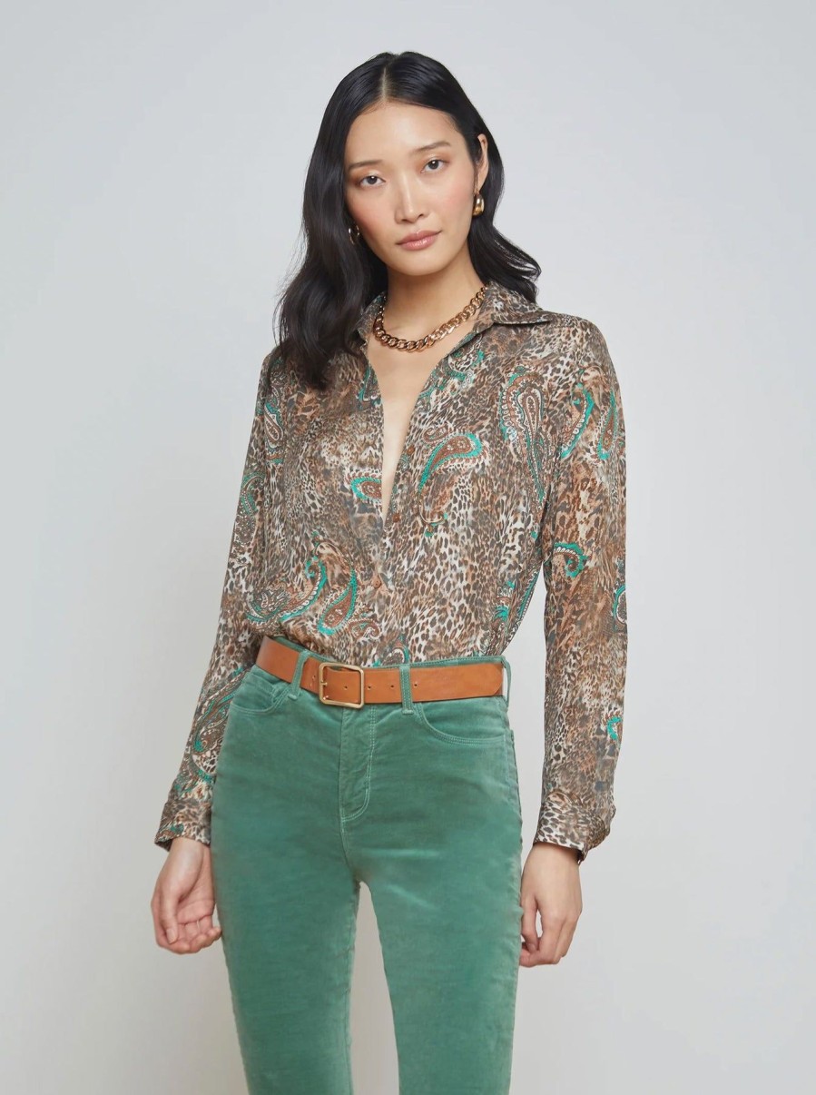 Women L'AGENCE Shirts & Blouses | Nina Long Sleeve Blouse Brown/Sage Valencia