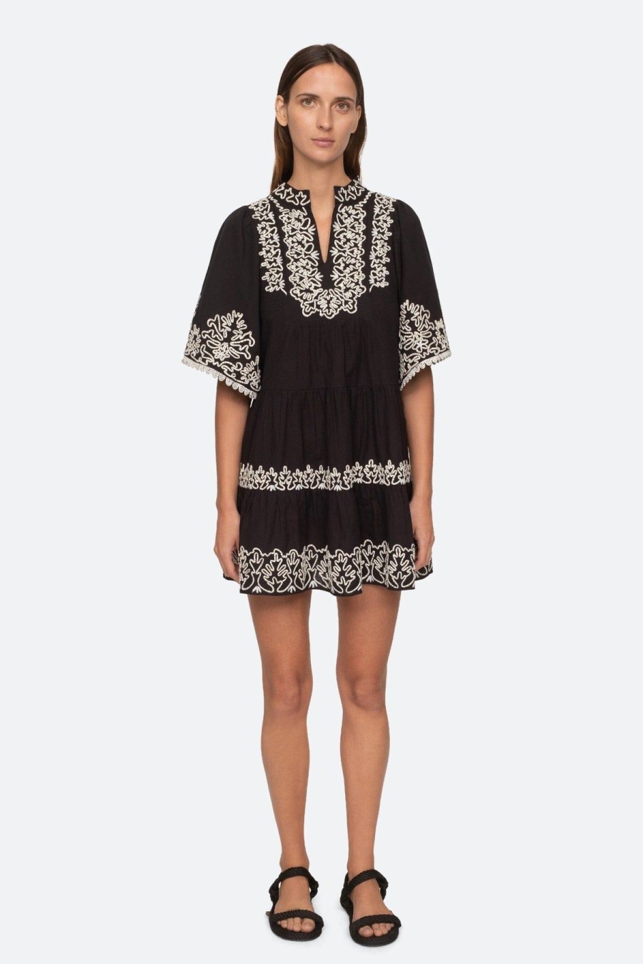 Women Sea NY Mini | Cordera Embroidery Short Sleeve Tiered Dress Black