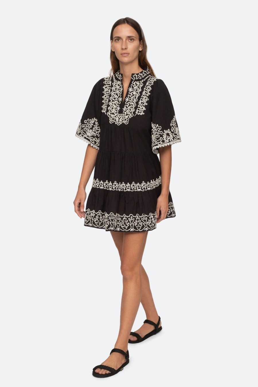 Women Sea NY Mini | Cordera Embroidery Short Sleeve Tiered Dress Black