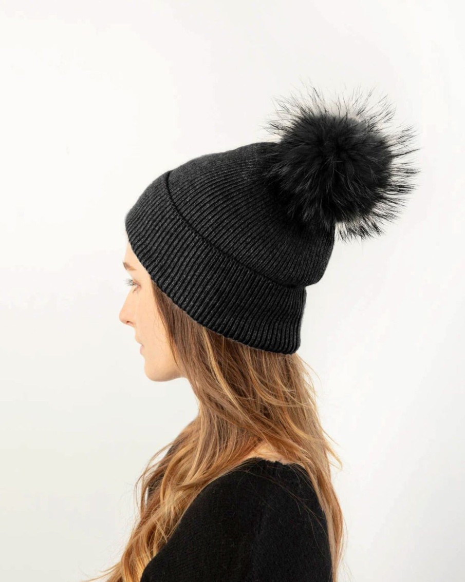 Women Uniquities Hats | Basic Ribbed Knit Pom Pom Beanie