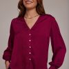 Women Bella Dahl Shirts & Blouses | Smocked Cuff Button Down Dark Fuchsia