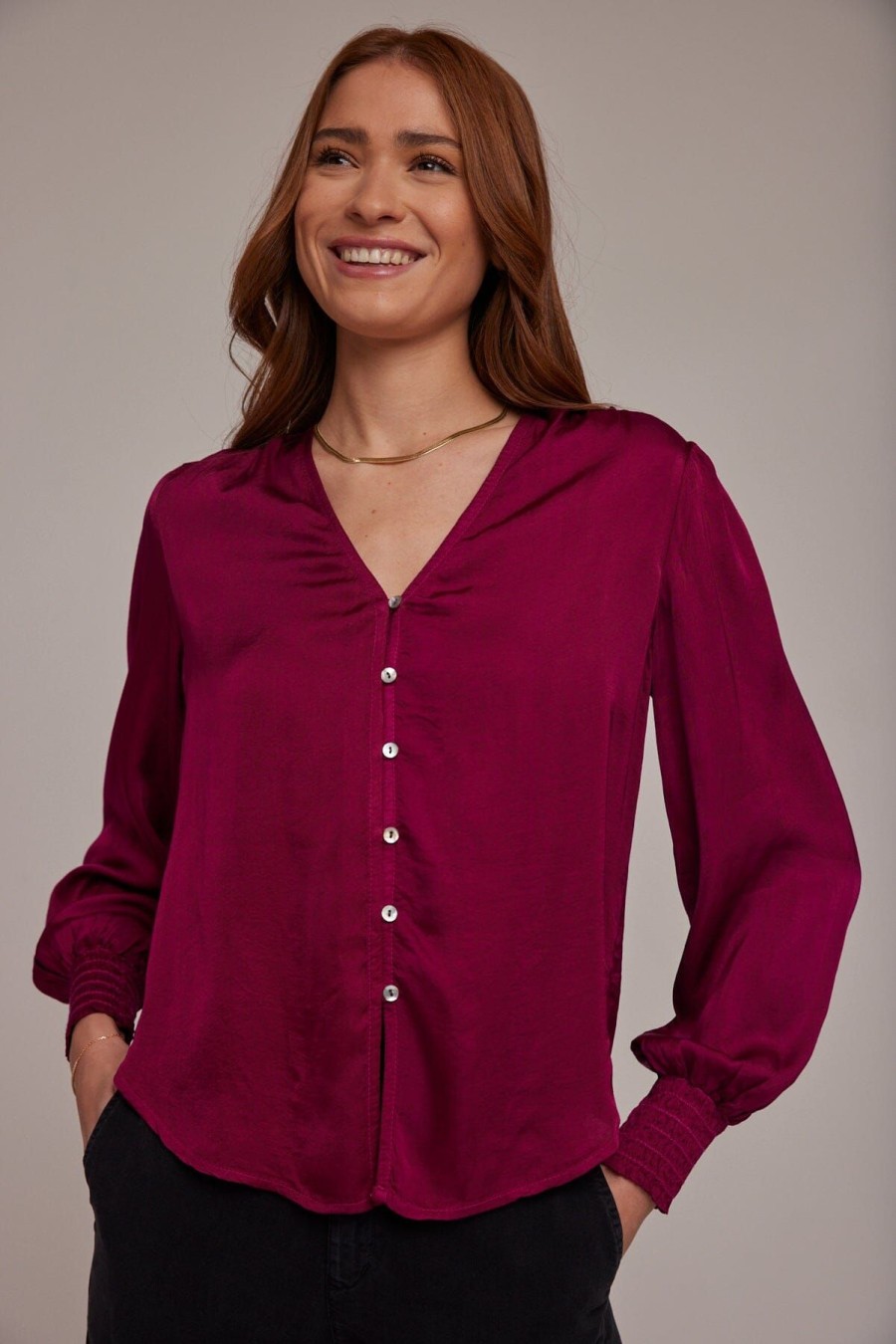 Women Bella Dahl Shirts & Blouses | Smocked Cuff Button Down Dark Fuchsia