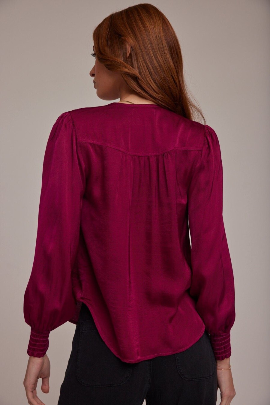 Women Bella Dahl Shirts & Blouses | Smocked Cuff Button Down Dark Fuchsia