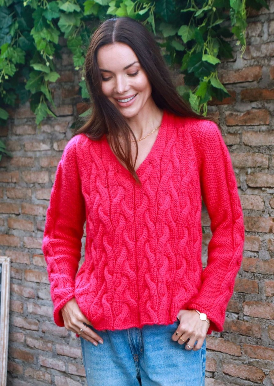 Women Wooden Ships Sweaters | Cobblestone Cable V Pink Sapphire