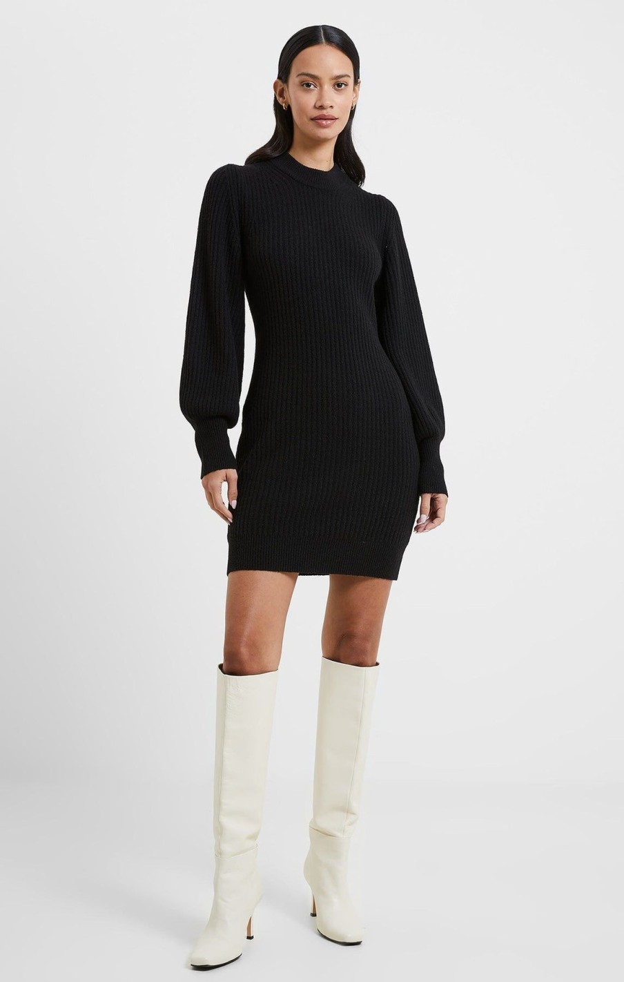 Women French Connection Mini | Vhari Ribbed Crew Neck Mini Dress Black