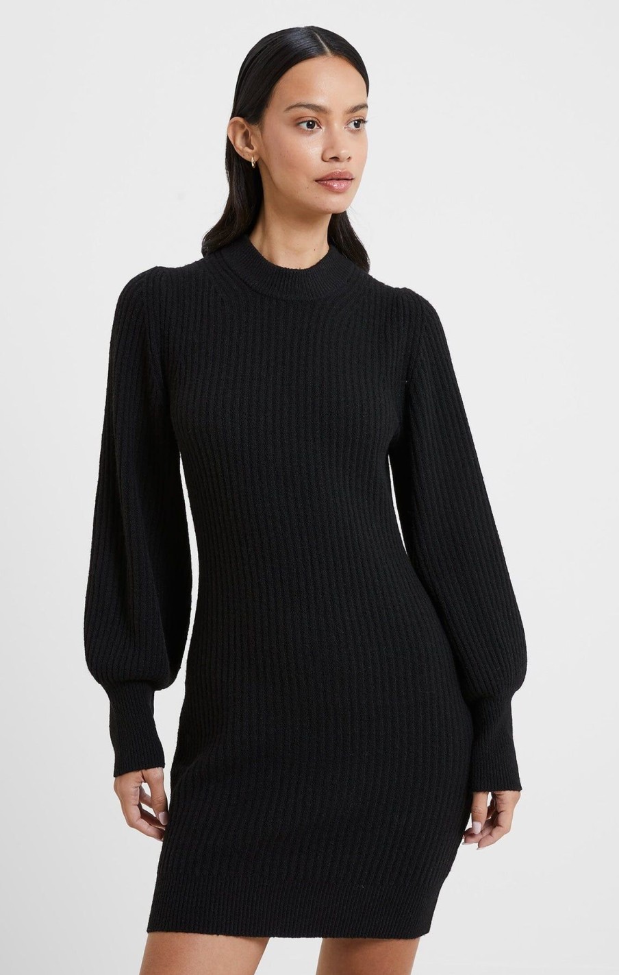 Women French Connection Mini | Vhari Ribbed Crew Neck Mini Dress Black