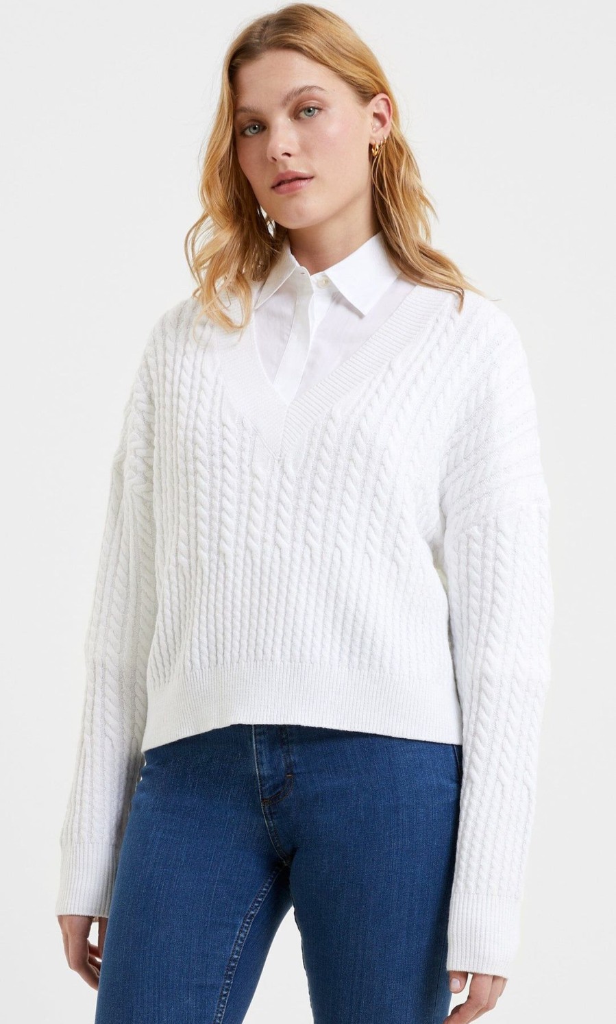 Women French Connection Sweaters | Babysoft Cable V Neck Jumper Winter White