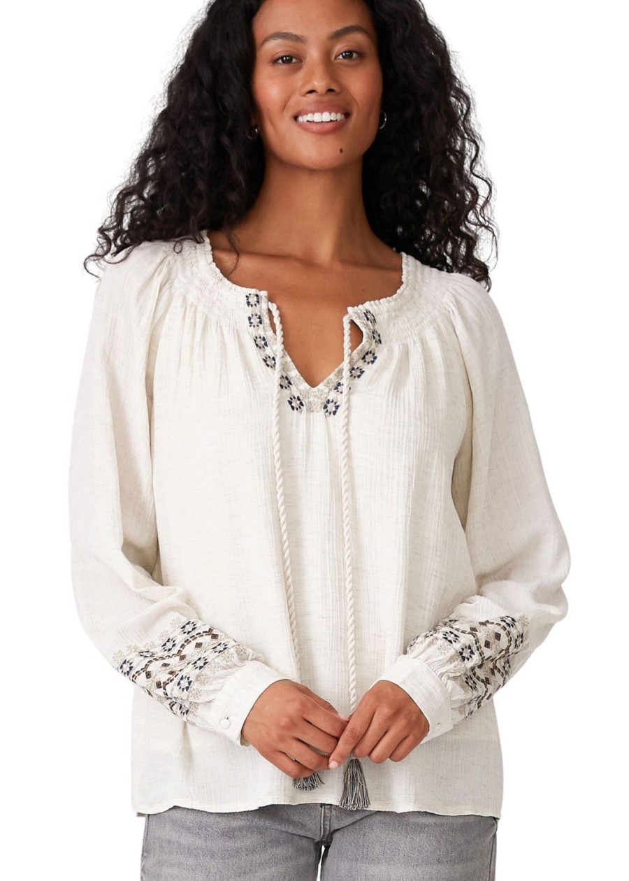 Women Anna Rae Shirts & Blouses | Rayna Embroidered Top Natural