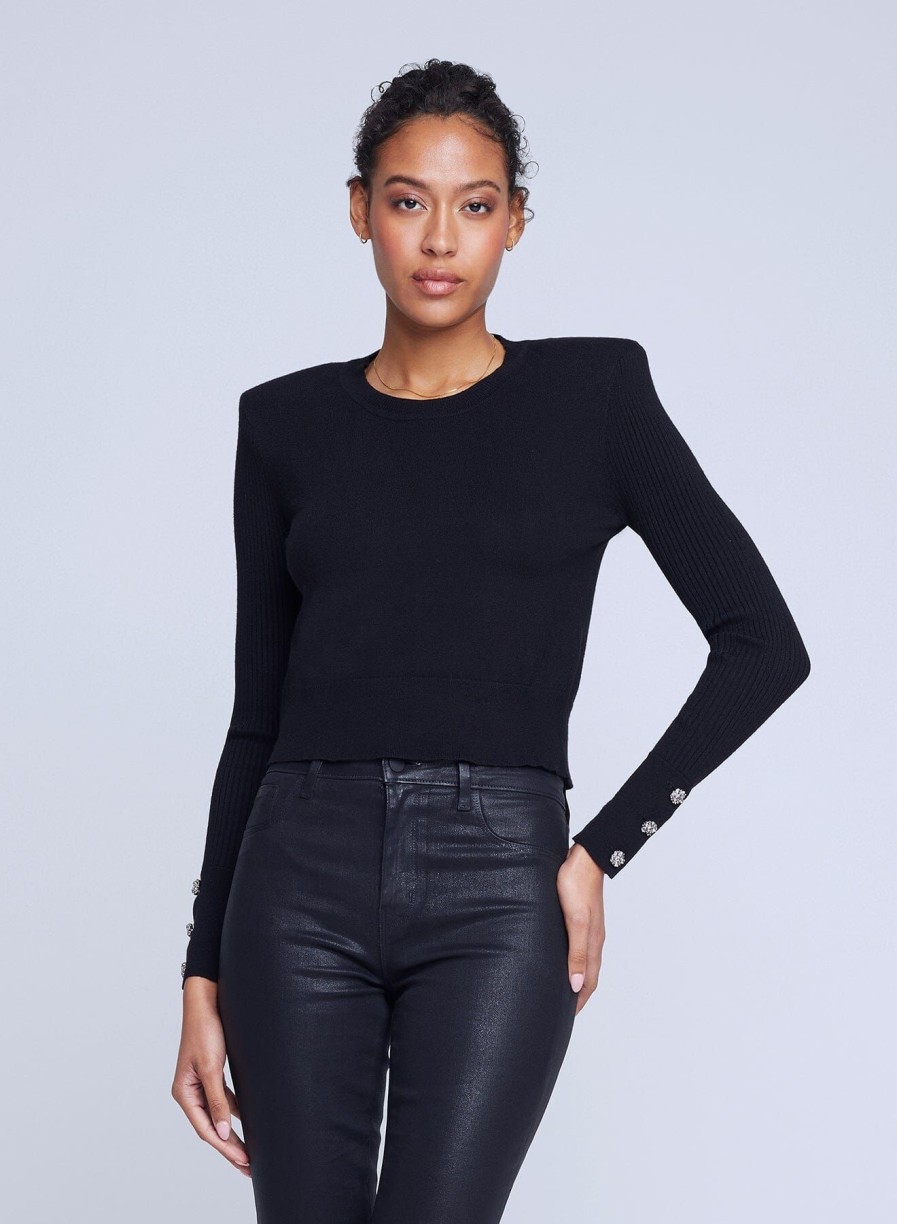 Women L'AGENCE Shirts & Blouses | Sky Button Detail Crop Crew Black