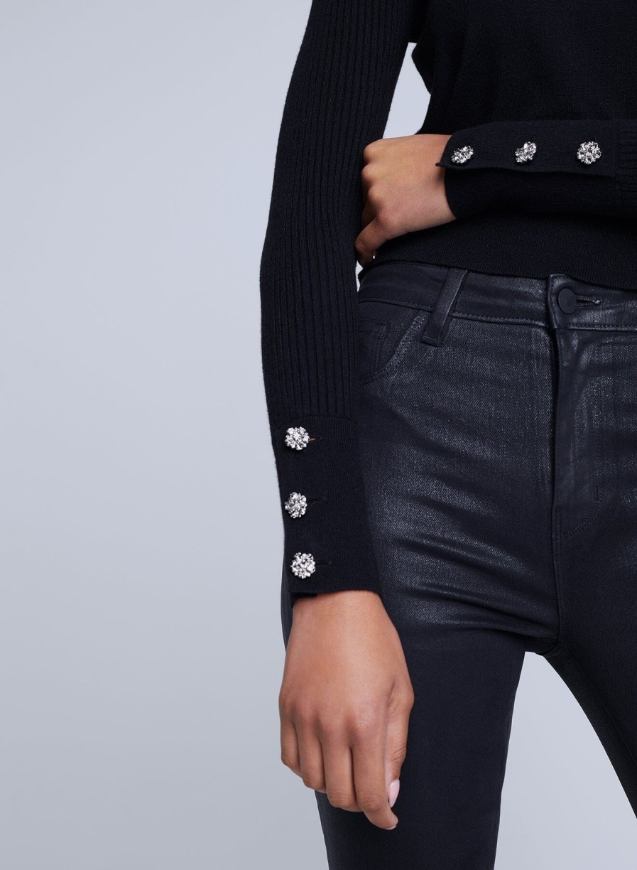 Women L'AGENCE Shirts & Blouses | Sky Button Detail Crop Crew Black