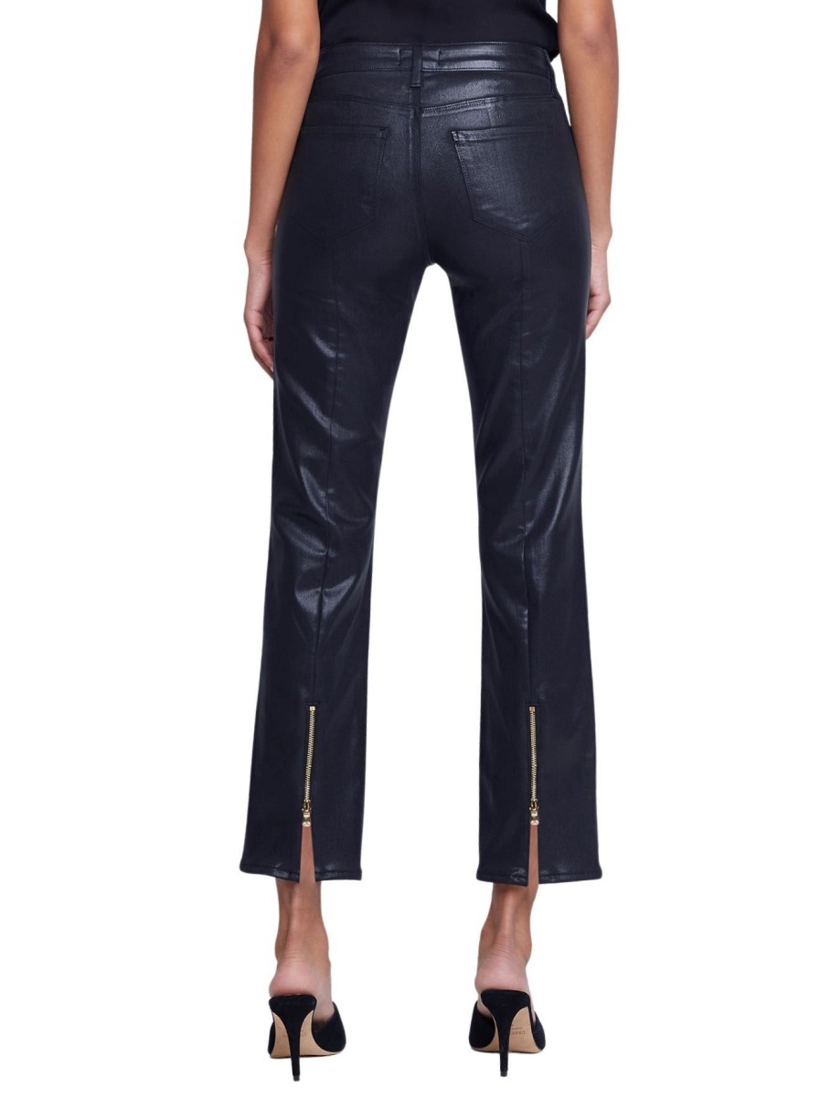 Women L'AGENCE Pants | Ginny High Rise Straight Back Zip Noir Coated