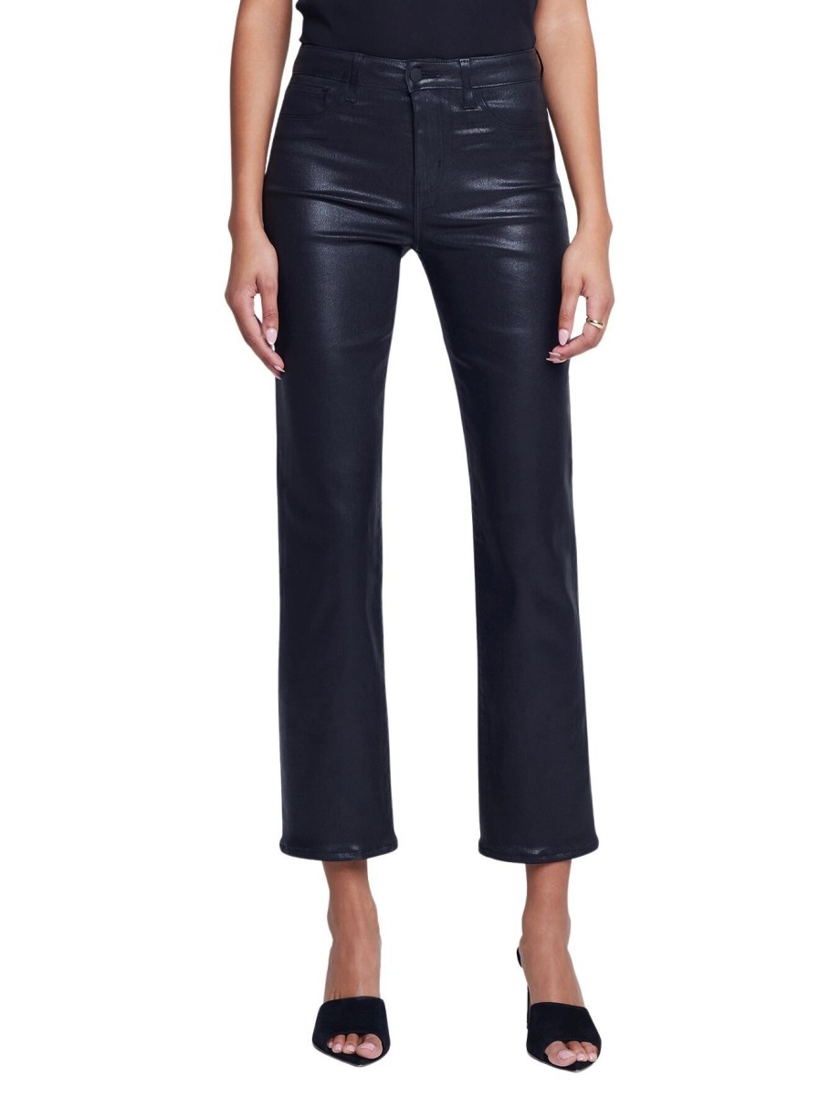 Women L'AGENCE Pants | Ginny High Rise Straight Back Zip Noir Coated