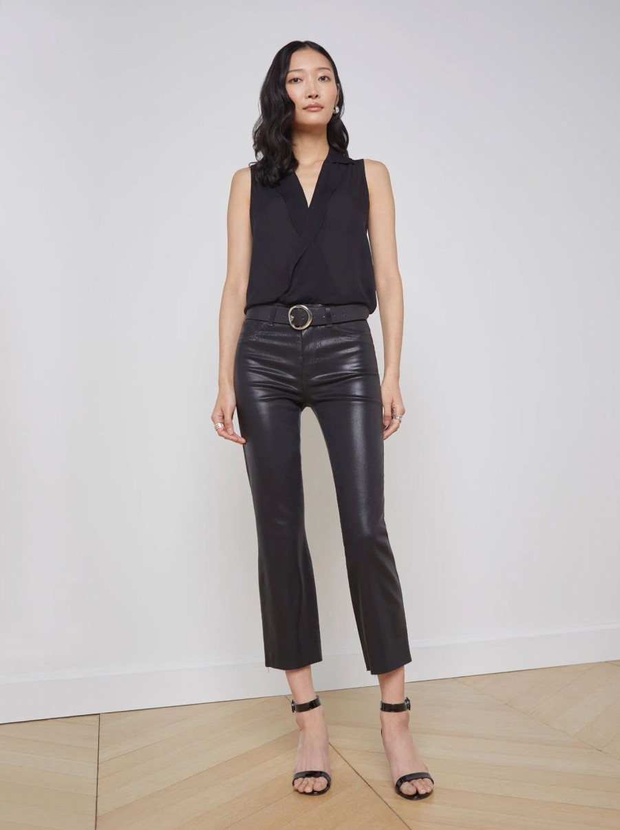 Women L'AGENCE Denim | Kendra High Rise Crop Flare Noir Coated