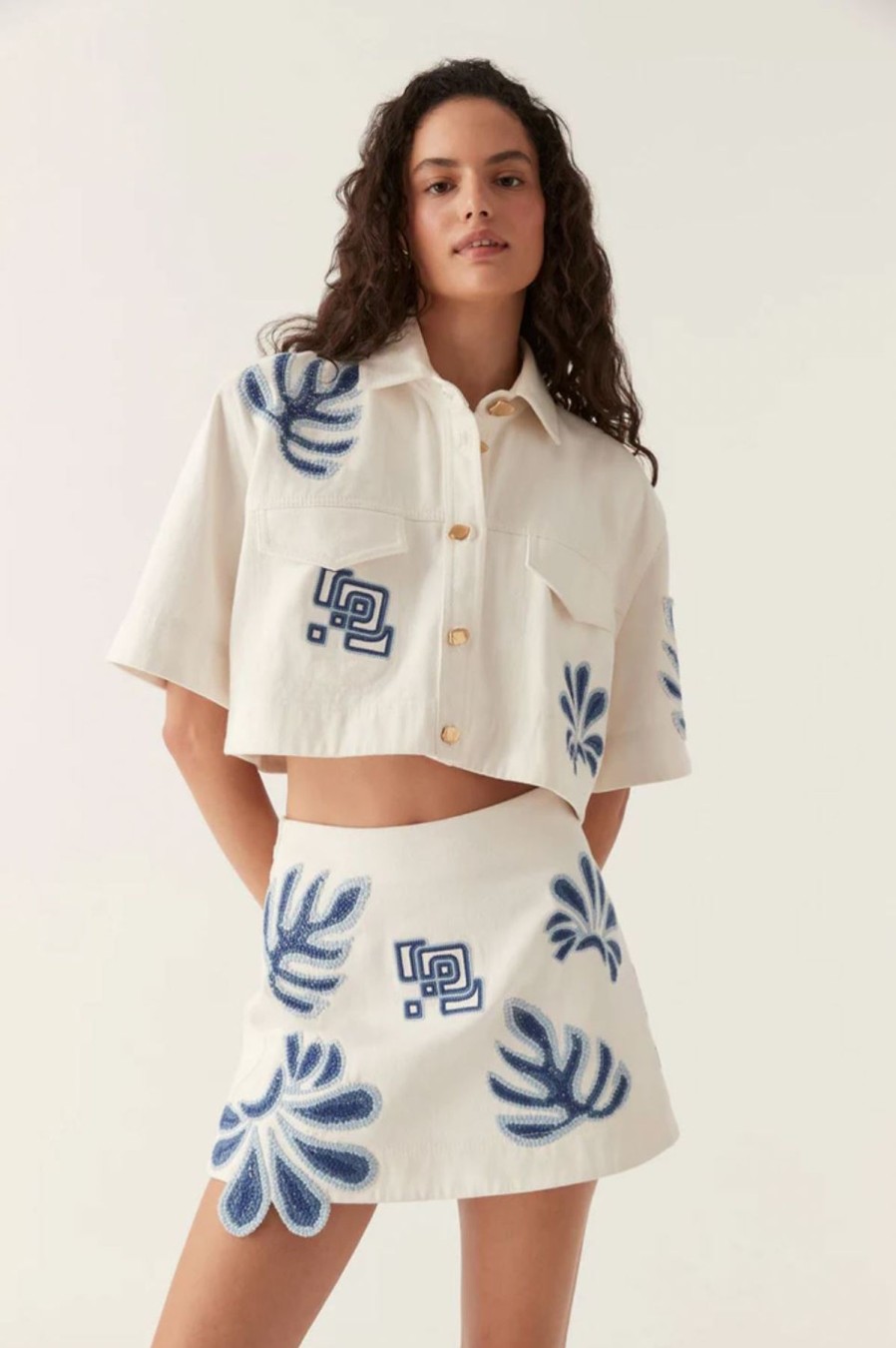 Women Aje. Shirts & Blouses | Esprit Embroidered Crop Top Ivory Blue