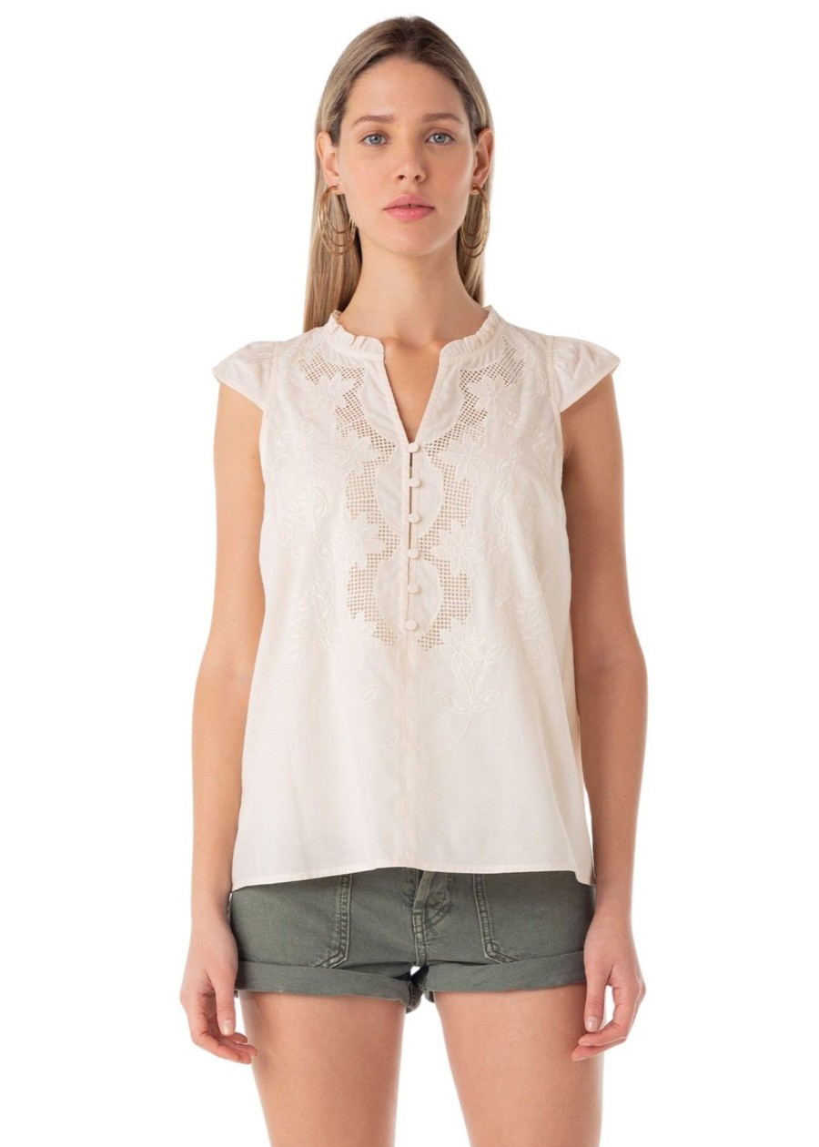 Women Anna Rae Shirts & Blouses | Catalina Embroidered Top Natural