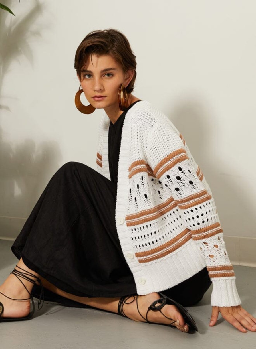 Women Autumn Cashmere Sweaters | Chunky Multi Stitch Cardigan Bleach White/Wicker