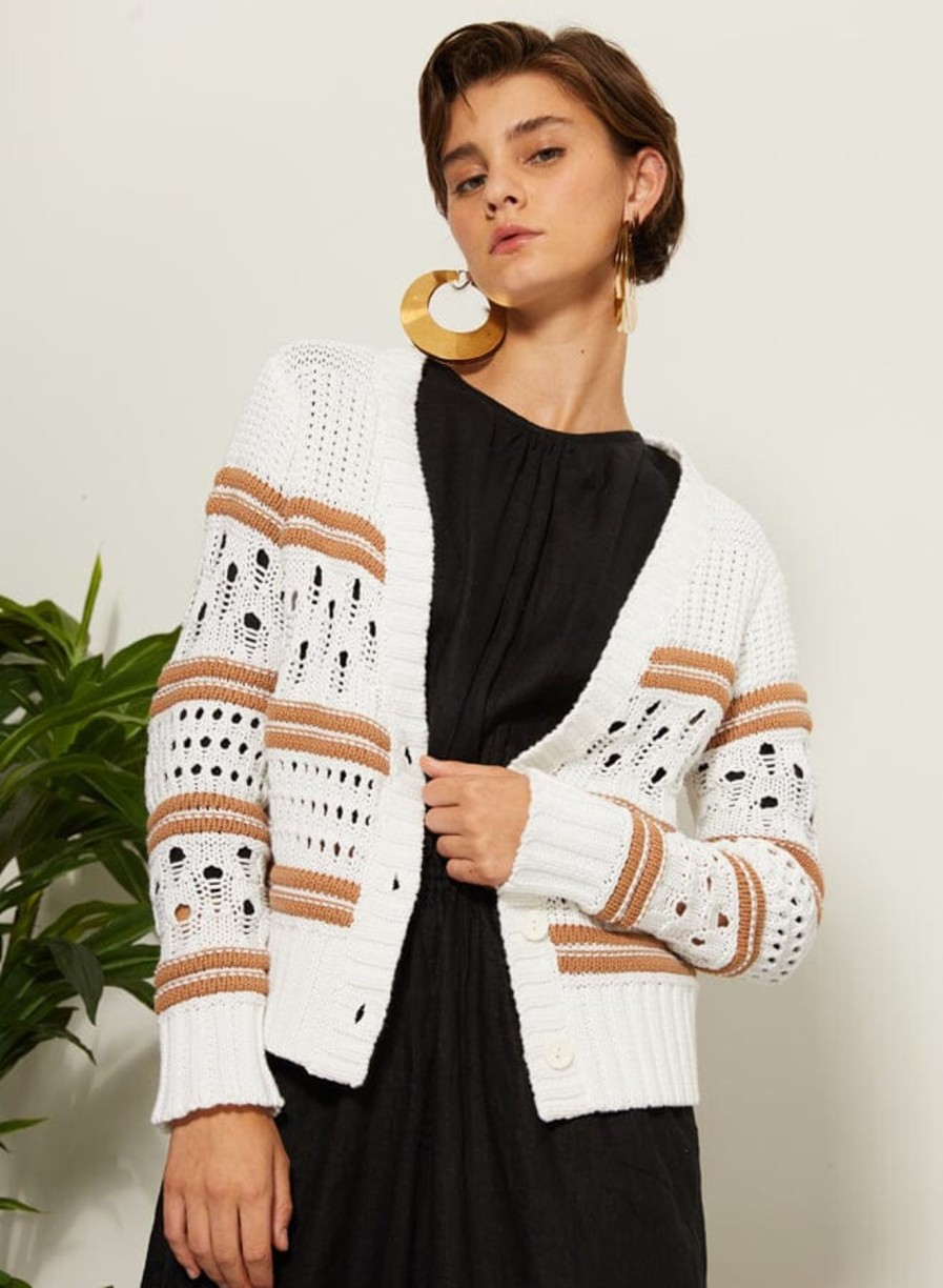 Women Autumn Cashmere Sweaters | Chunky Multi Stitch Cardigan Bleach White/Wicker