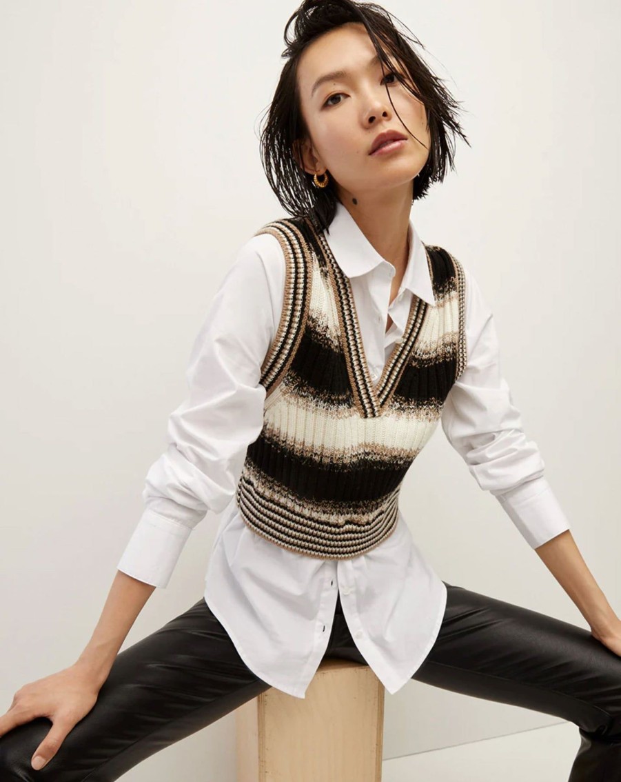 Women Veronica Beard Sweaters | Spear Mixed Media Vest Black Multi