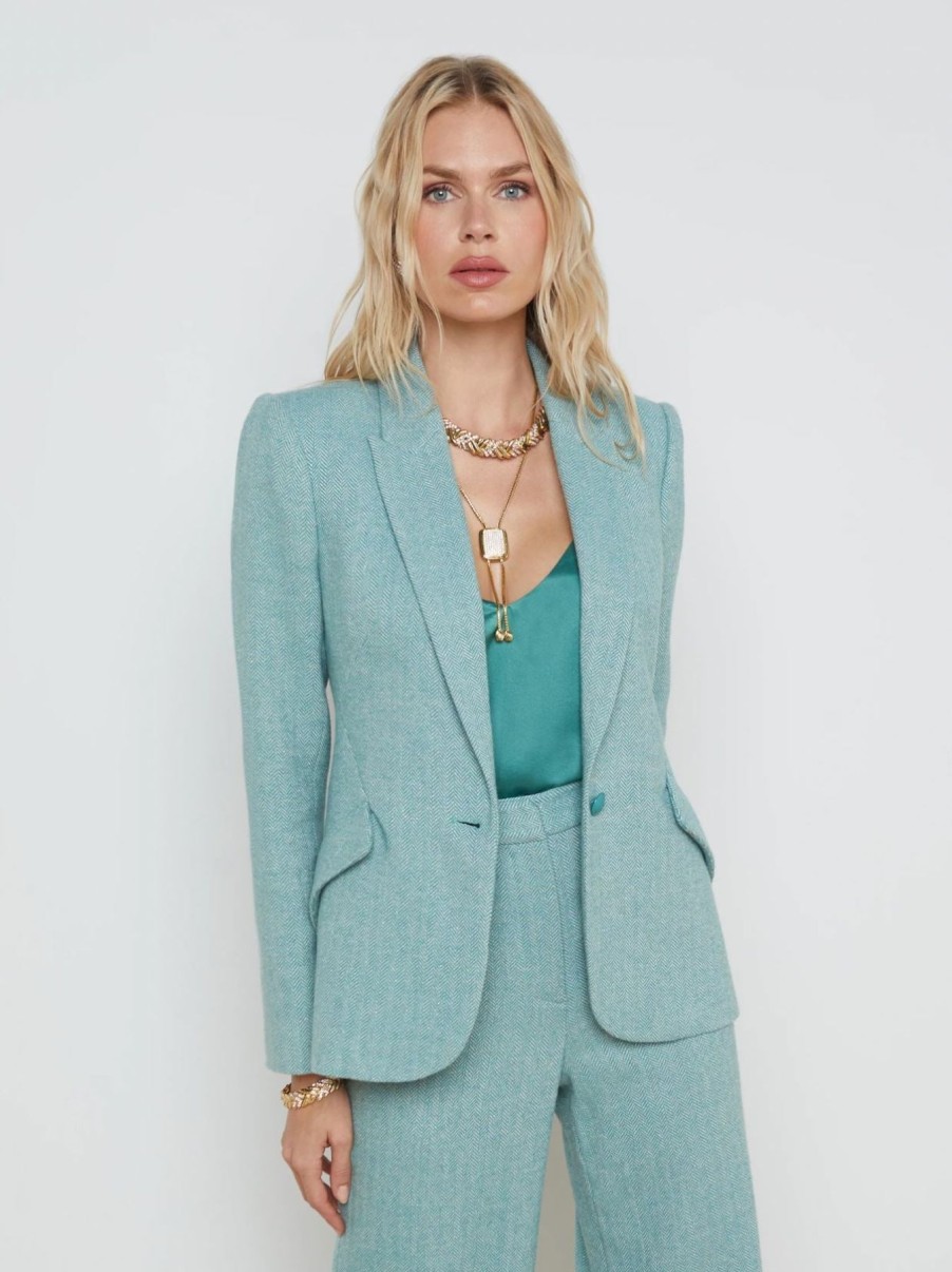 Women L'AGENCE Blazers | Chamberlain Blazer Green Herringbone