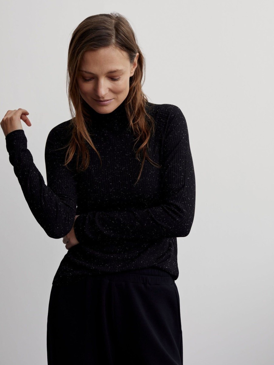 Women Varley Shirts & Blouses | Roya Rollneck Long Sleeve Tee Black/Egret