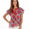 Women Uniquities Shirts & Blouses | Floral Short Sleeve Tie Top Blue Red