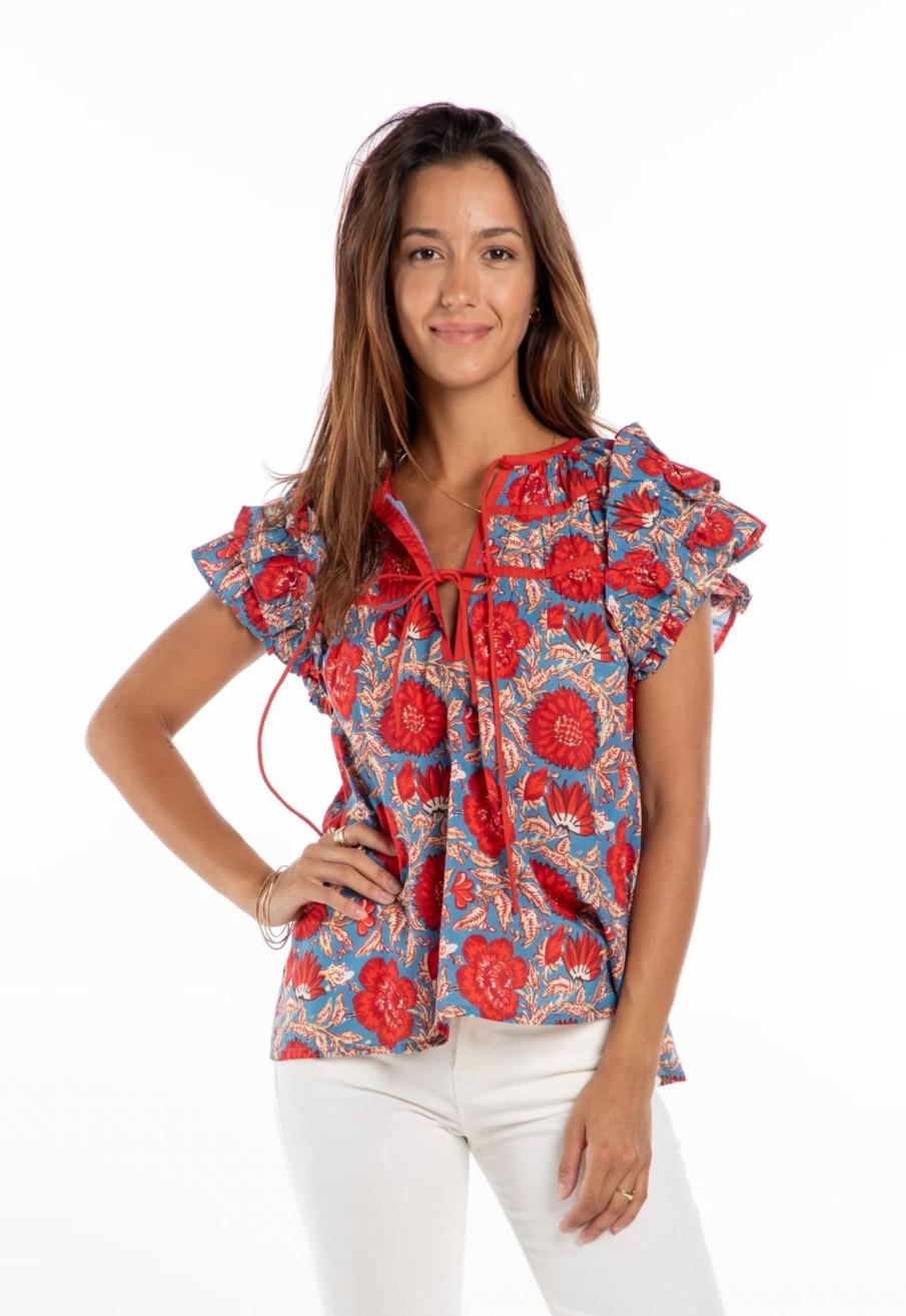 Women Uniquities Shirts & Blouses | Floral Short Sleeve Tie Top Blue Red