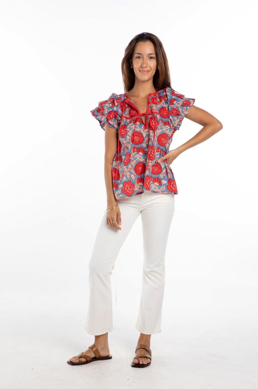 Women Uniquities Shirts & Blouses | Floral Short Sleeve Tie Top Blue Red