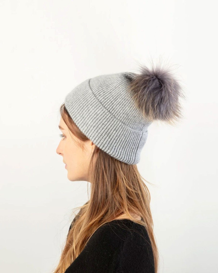 Women Uniquities Hats | Basic Ribbed Knit Pom Pom Beanie Light Grey