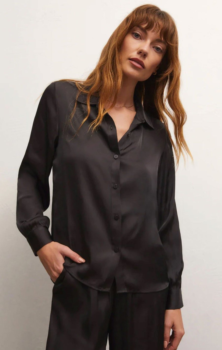 Women Z Supply Shirts & Blouses | Serenity Lux Sheen Top Black