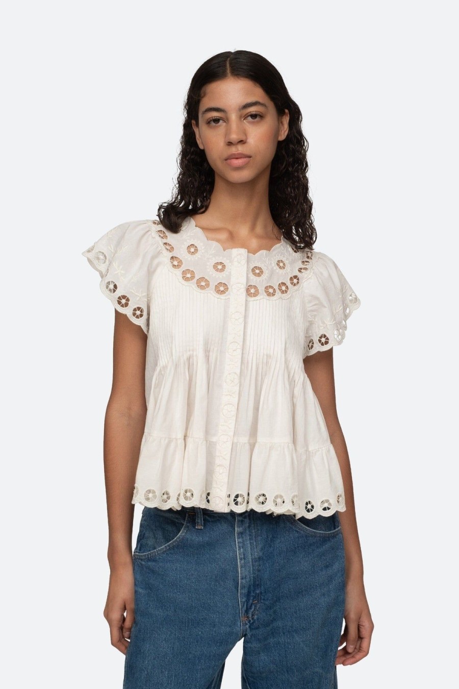 Women Sea NY Shirts & Blouses | Arabella Embroidery Flutter Sleeve Tank Top Cream