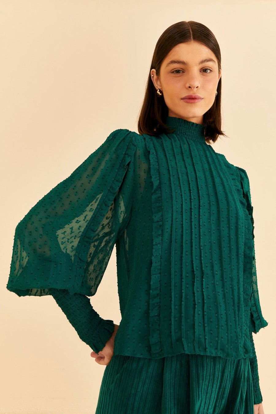 Women FARM Rio Shirts & Blouses | Ruffled Long Sleeve Blouse Emerald