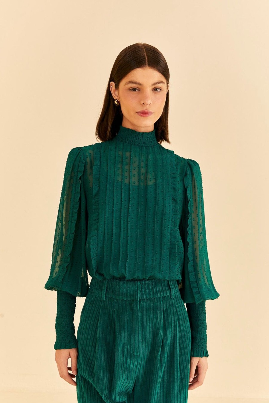 Women FARM Rio Shirts & Blouses | Ruffled Long Sleeve Blouse Emerald