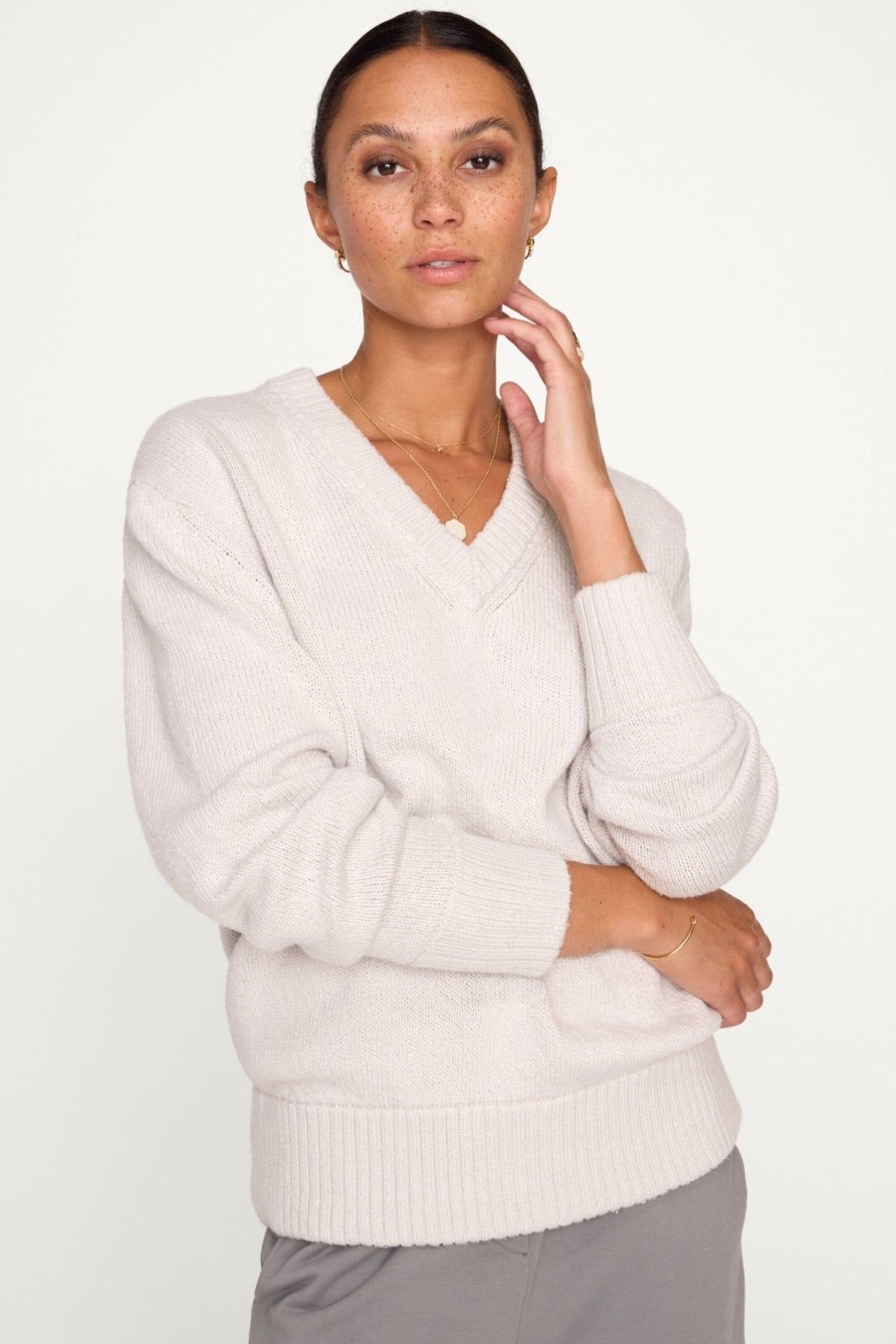 Women Brochu Walker Sweaters | Emery Knit Vee Sweatshirt Dove Grey