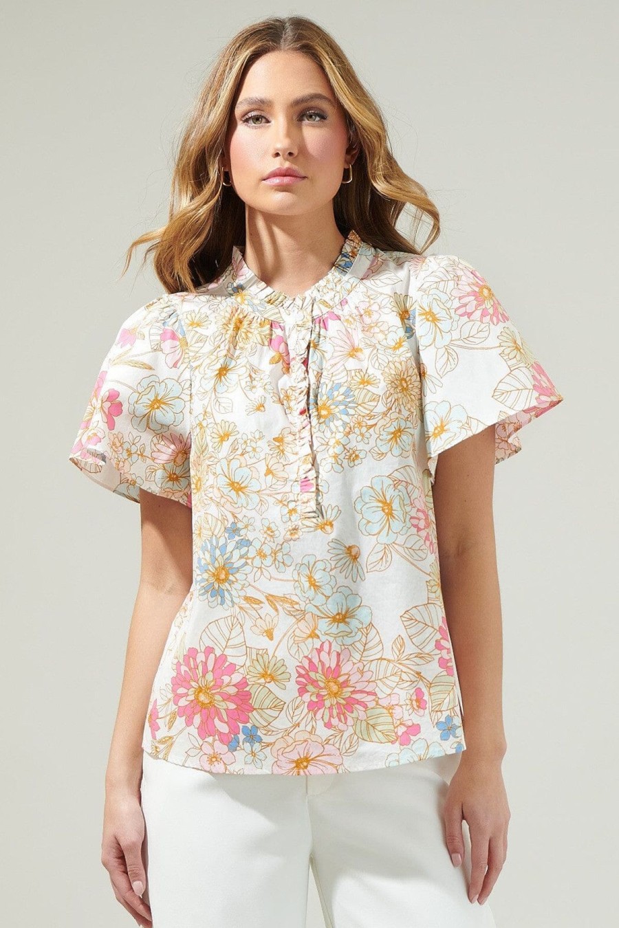 Women Anna Rae Shirts & Blouses | Calla Blouse Off White Multi