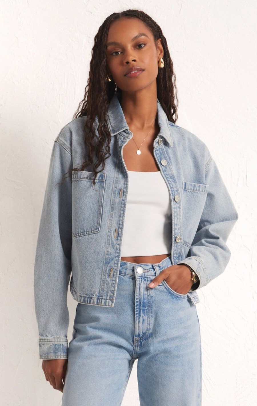 Women Z Supply Denim Jackets | Cropped Denim Jacket Sun Bleached Indigo